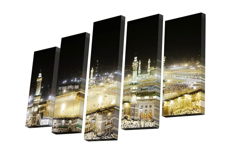 Canvastavla i 5 delar 82x50 cm - Nattlig vy över den heliga platsen i Mecka med pilgrimsfärdande människor - Guld / Svart / Vit - Inredning & dekor - Tavlor & konst - Canvastavla