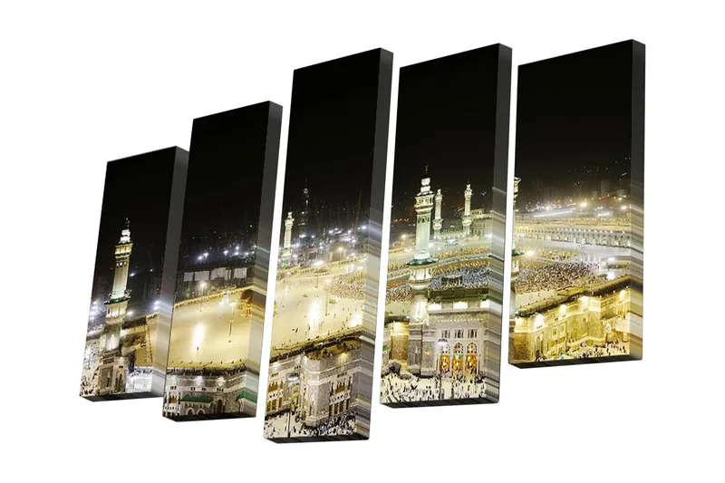 Canvastavla i 5 delar 82x50 cm - Nattlig vy över den heliga platsen i Mecka med pilgrimsfärdande människor, Guld / Svart / Vit