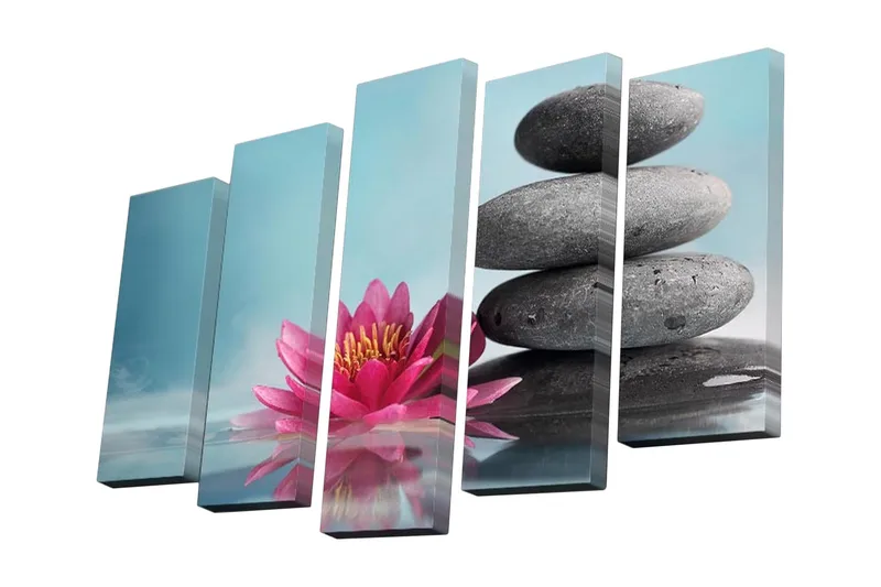 Canvastavla i 5 delar 82x50 cm - Rosa lotusblomma med staplade svarta stenar - Rosa / Svart / Ljusblå - Inredning & dekor - Tavlor & konst - Canvastavla