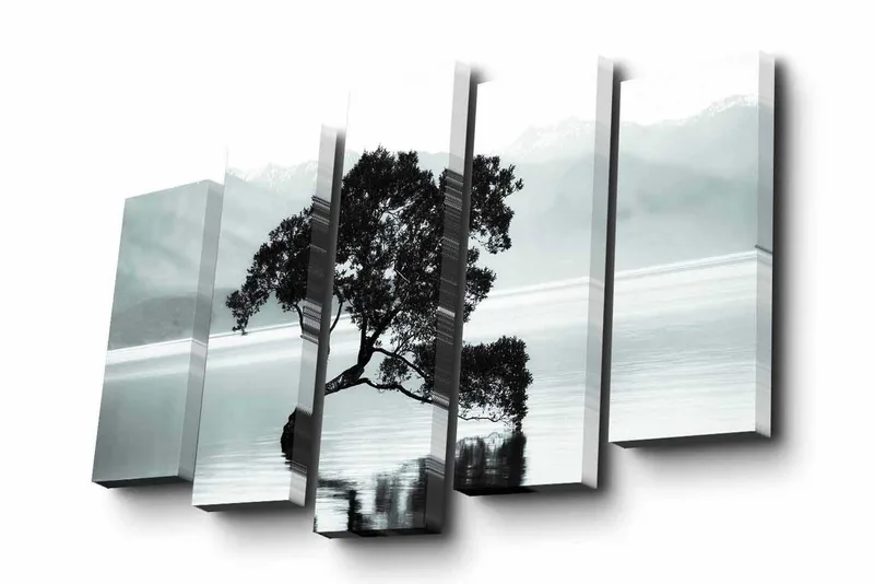Canvastavla i 5 delar 82x50 cm - Silhuett av ett träd vid en stilla sjö med fjärran berg i bakgrunden - Svart / Grå / Vit - Inredning & dekor - Tavlor & konst - Canvastavla