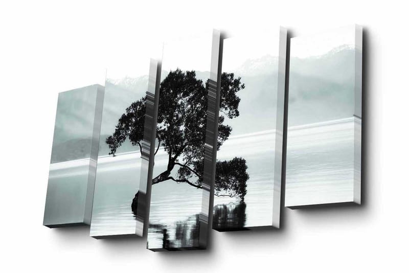 Canvastavla i 5 delar 82x50 cm - Silhuett av ett träd vid en stilla sjö med fjärran berg i bakgrunden - Svart / Grå / Vit - Inredning & dekor - Tavlor & konst - Canvastavla