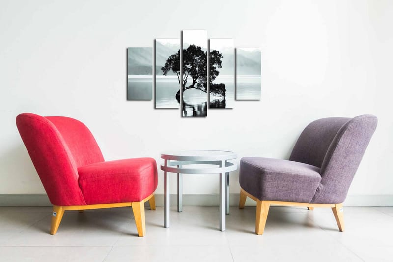 Canvastavla i 5 delar 82x50 cm - Silhuett av ett träd vid en stilla sjö med fjärran berg i bakgrunden - Svart / Grå / Vit - Inredning & dekor - Tavlor & konst - Canvastavla