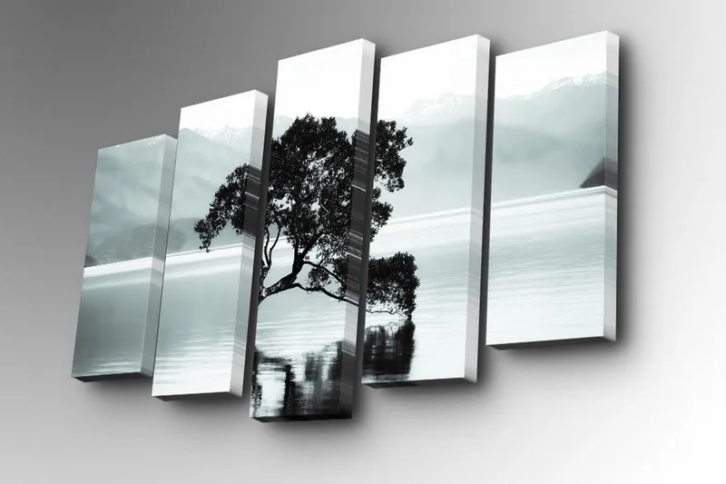 Canvastavla i 5 delar 82x50 cm - Silhuett av ett träd vid en stilla sjö med fjärran berg i bakgrunden - Svart / Grå / Vit - Inredning & dekor - Tavlor & konst - Canvastavla