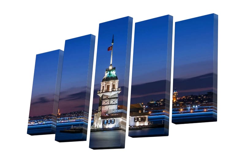 Canvastavla i 5 delar 82x50 cm - Utsikt över det historiska Leandertornet vid skymningstid - Mörkblå / Vit / Grön - Inredning & dekor - Tavlor & konst - Canvastavla