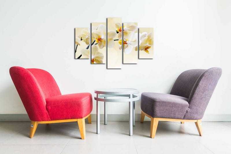 Canvastavla i 5 delar 82x50 cm - Vacker orkidé i mjuka nyanser - Vit / Gul - Inredning & dekor - Tavlor & konst - Canvastavla