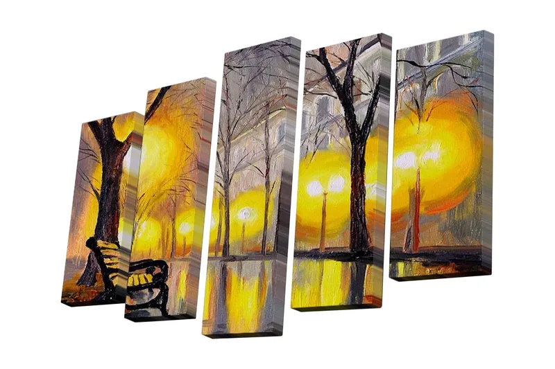 Canvastavla i 5 delar 82x50 cm - Vacker stadspark med en bänk under guldgula lampor och nakna träd - Guldgul / Svart / Grå - Inredning & dekor - Tavlor & konst - Canvastavla