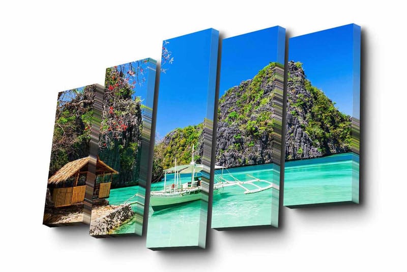 Canvastavla i 5 delar 82x50 cm - Vacker tropisk kustlinje med klippor och en båt i klart turkost vatten - Turkos / Grön / Blå - Inredning & dekor - Tavlor & konst - Canvastavla