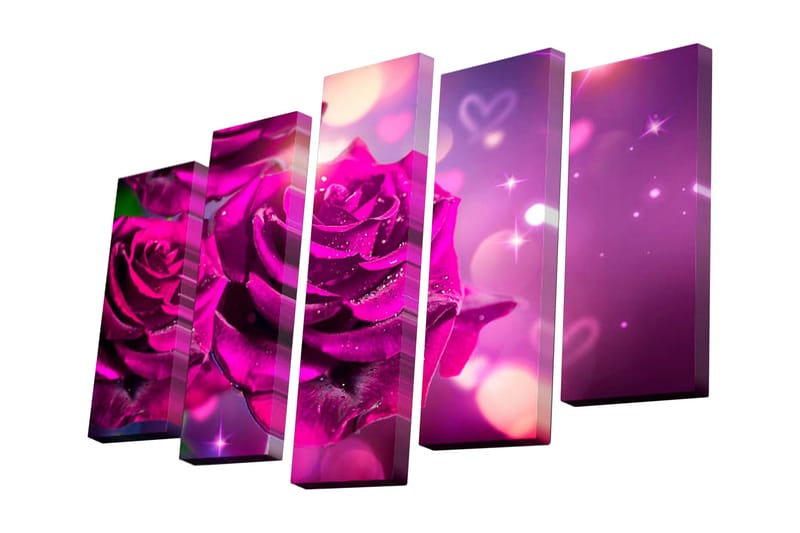 Canvastavla i 5 delar 82x50 cm - Vackra rosa blommor med glittrande detaljer - Lila / Rosa / Grönt - Inredning & dekor - Tavlor & konst - Canvastavla