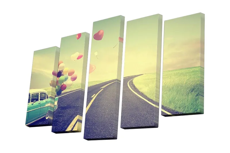 Canvastavla i 5 delar 82x50 cm - Vintage bil på en kurvig väg med färgglada ballonger som sväva i luften - Grön / Blå / Rosa - Inredning & dekor - Tavlor & konst - Canvastavla
