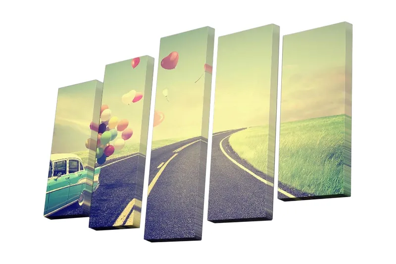 Canvastavla i 5 delar 82x50 cm - Vintage bil på en kurvig väg med färgglada ballonger som sväva i luften - Grön / Blå / Rosa - Inredning & dekor - Tavlor & konst - Canvastavla