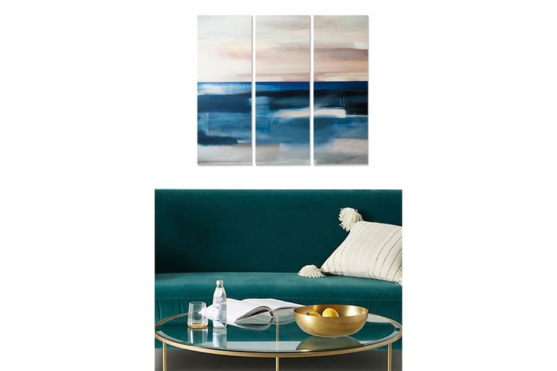 Canvastavla i trä 3-delar 50x70 cm - Abstrakt havslandskap med mjuka färgövergångar, Mörkblå / Ljusblå / Beige