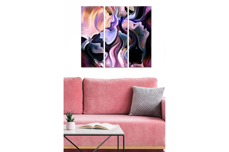 Canvastavla i trä 3-delar 50x70 cm - Abstrakt komposition med ansiktsformer, Lila / Svart / Rosa