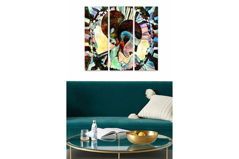 Canvastavla i trä 3-delar 50x70 cm - Abstrakt komposition med ansiktsmotiv - Mörkbrun / Ljusgrön / Beige - Inredning & dekor - Tavlor & konst - Canvastavla