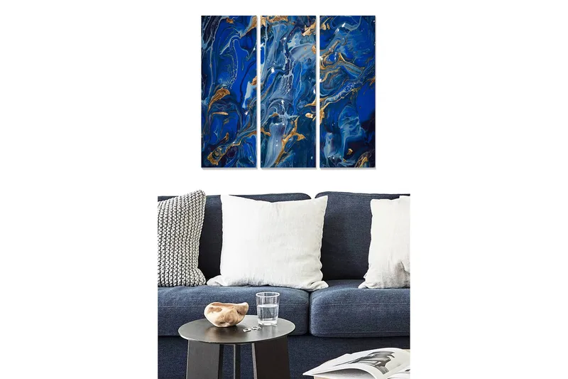 Canvastavla i trä 3-delar 50x70 cm - Abstrakt komposition med blå och gyllene mönster, Mörkblå / Gyllene / Ljusblå