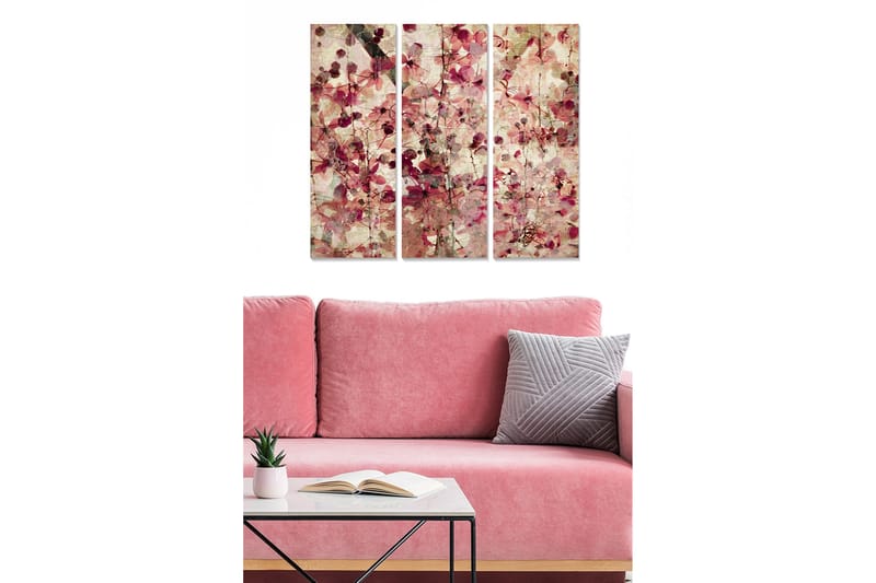Canvastavla i trä 3-delar 50x70 cm - Abstrakt komposition med blommor och växtlighet - Rosa / Beige / Grön - Inredning & dekor - Tavlor & konst - Canvastavla