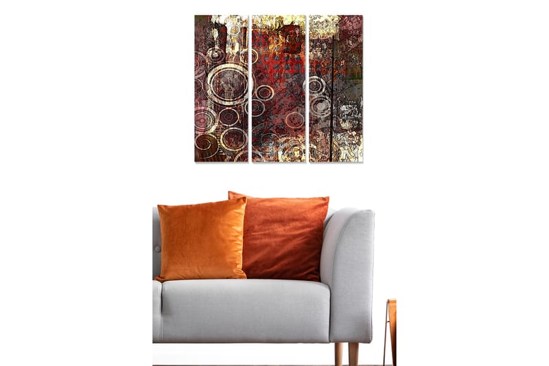 Canvastavla i trä 3-delar 50x70 cm - Abstrakt komposition med cirkulära former - Röd / Brun / Guld - Inredning & dekor - Tavlor & konst - Canvastavla