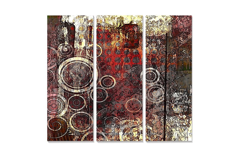 Canvastavla i trä 3-delar 50x70 cm - Abstrakt komposition med cirkulära former, Röd / Brun / Guld