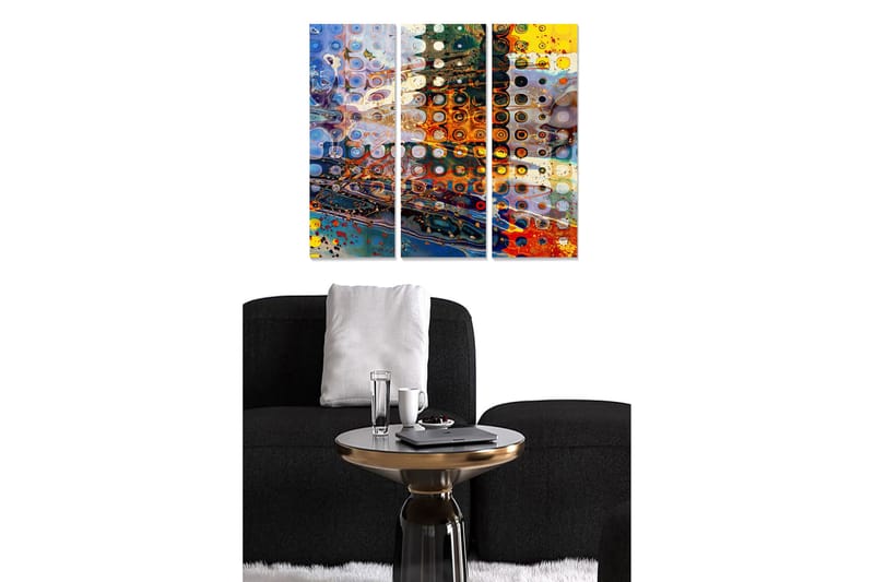 Canvastavla i trä 3-delar 50x70 cm - Abstrakt komposition med cirkulära mönster och färgade inslag, Blå / Orange / Gul