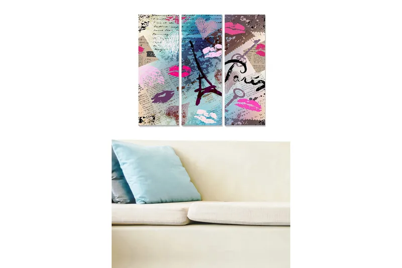 Canvastavla i trä 3-delar 50x70 cm - Abstrakt komposition med Eiffeltornet och läppstiftsavtryck, Rosa / Blå / Lila