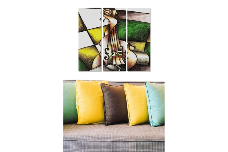 Canvastavla i trä 3-delar 50x70 cm - Abstrakt komposition med en violin i fokus, Grön / Gul / Brun