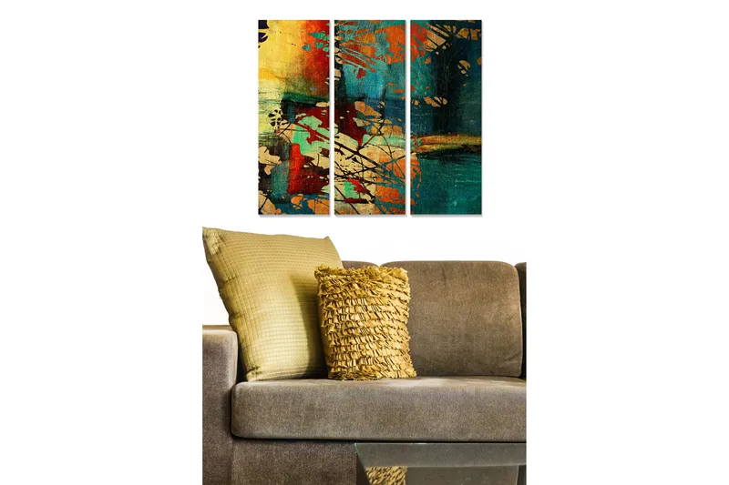 Canvastavla i trä 3-delar 50x70 cm - Abstrakt komposition med färgglada former och mönster, Mörkgrön / Röd / Guld