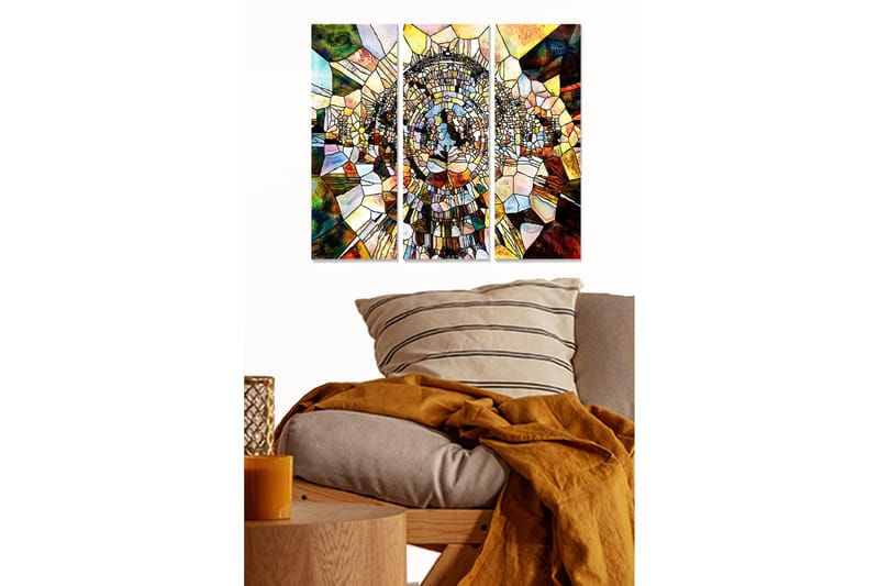 Canvastavla i trä 3-delar 50x70 cm - Abstrakt komposition med geometriska former i en spiralstruktur, Guld / Brunt / Grönt