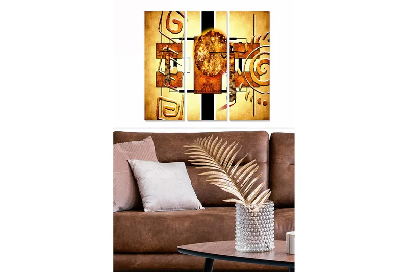 Canvastavla i trä 3-delar 50x70 cm - Abstrakt komposition med geometriska former och en solsymbolik, Guld / Brunt / Svart