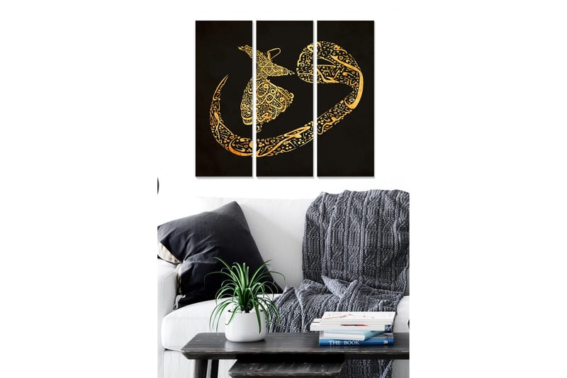 Canvastavla i trä 3-delar 50x70 cm - Abstrakt komposition med gyllene mönster på svart bakgrund - Guld / Svart - Inredning & dekor - Tavlor & konst - Canvastavla