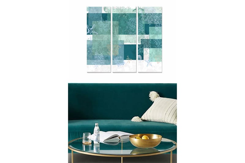 Canvastavla i trä 3-delar 50x70 cm - Abstrakt komposition med havsmotiv och geometriska former - Turkos / Mintgrön / Vit - Inredning & dekor - Tavlor & konst - Canvastavla