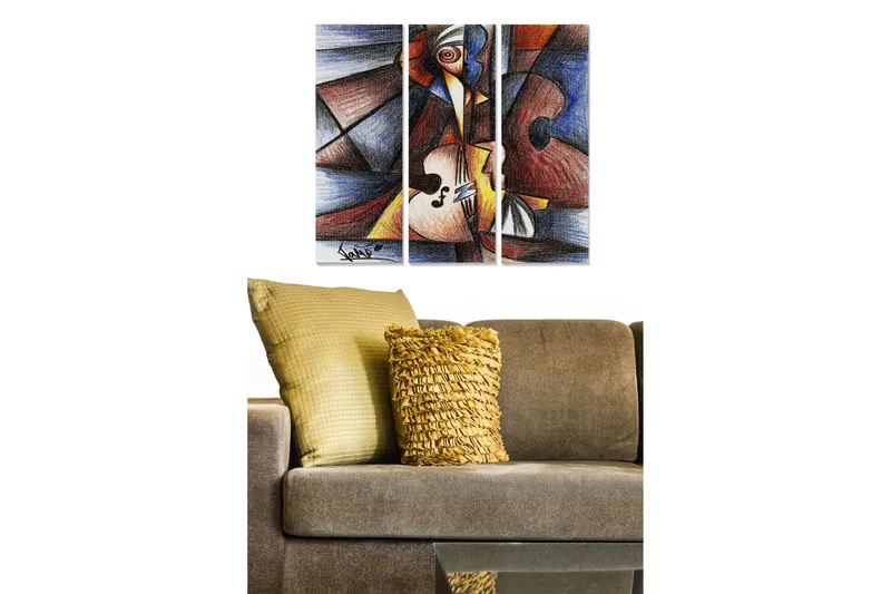 Canvastavla i trä 3-delar 50x70 cm - Abstrakt komposition med musikinstrument och geometriska former, Mörkblå / Röd / Beige