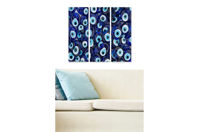 Canvastavla i trä 3-delar 50x70 cm - Abstrakt komposition med ögonliknande former - Mörkblå / Ljusblå / Vit - Inredning & dekor - Tavlor & konst - Canvastavla