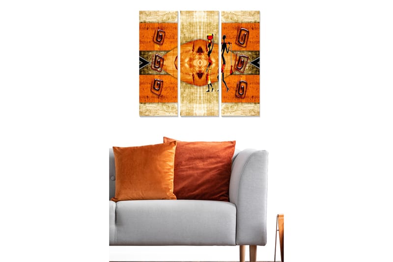 Canvastavla i trä 3-delar 50x70 cm - Abstrakt komposition med stiliserade figurer och geometriska mönster - Orange / Svart / Beige - Inredning & dekor - Tavlor & konst - Canvastavla