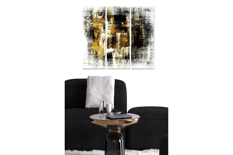 Canvastavla i trä 3-delar 50x70 cm - Abstrakt komposition med svarta och gyllene inslag, Svart / Guld / Vit