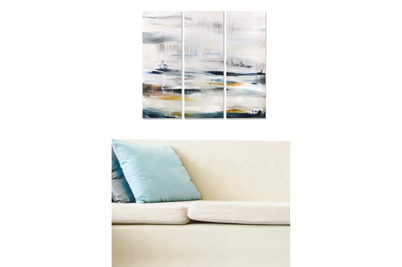 Canvastavla i trä 3-delar 50x70 cm - Abstrakt landskap med mjuka färgövergångar, Grå / Vit / Blå