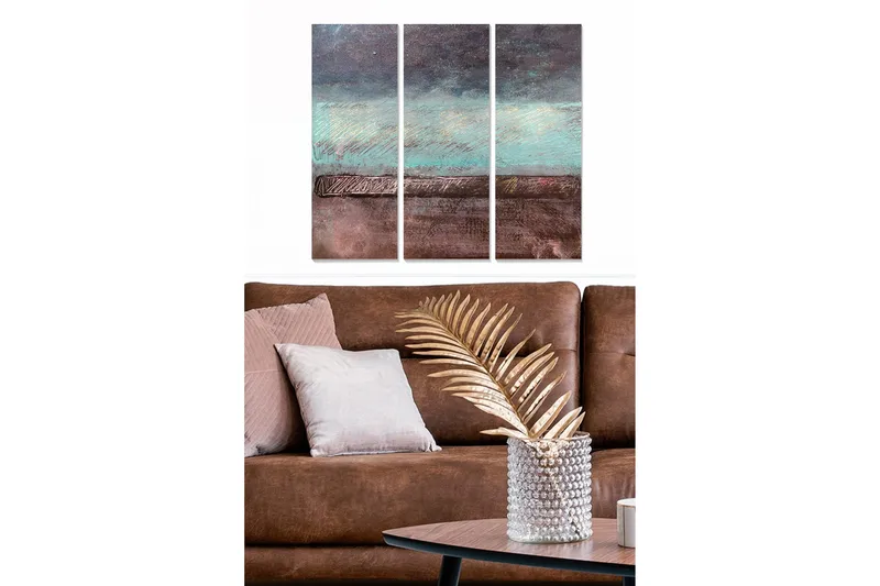 Canvastavla i trä 3-delar 50x70 cm - Abstrakt landskap med mjuka färgövergångar, Turkos / Brunt / Grått