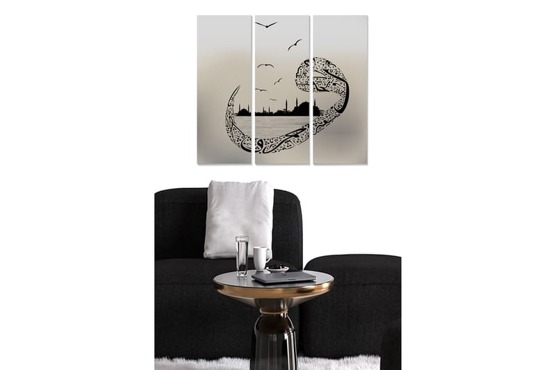 Canvastavla i trä 3-delar 50x70 cm - Abstrakt landskap med stiliserade fåglar och silhuetter av byggnader, Svart / Grå
