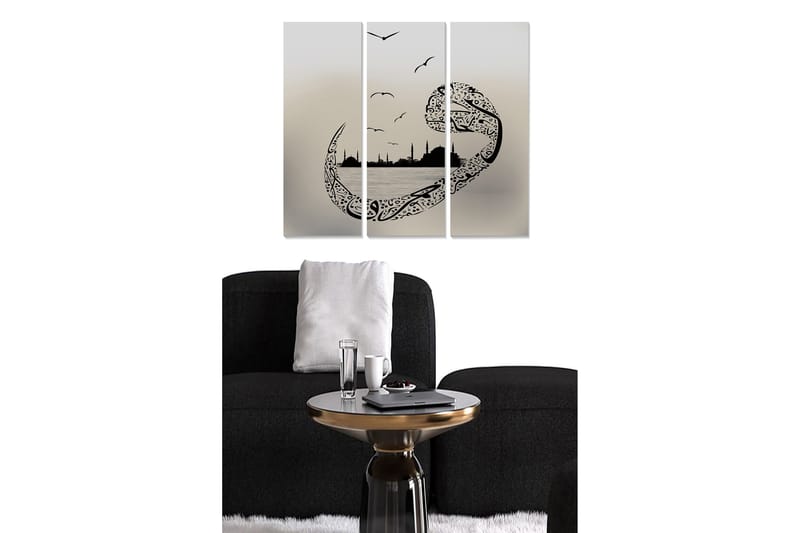 Canvastavla i trä 3-delar 50x70 cm - Abstrakt landskap med stiliserade fåglar och silhuetter av byggnader, Svart / Grå