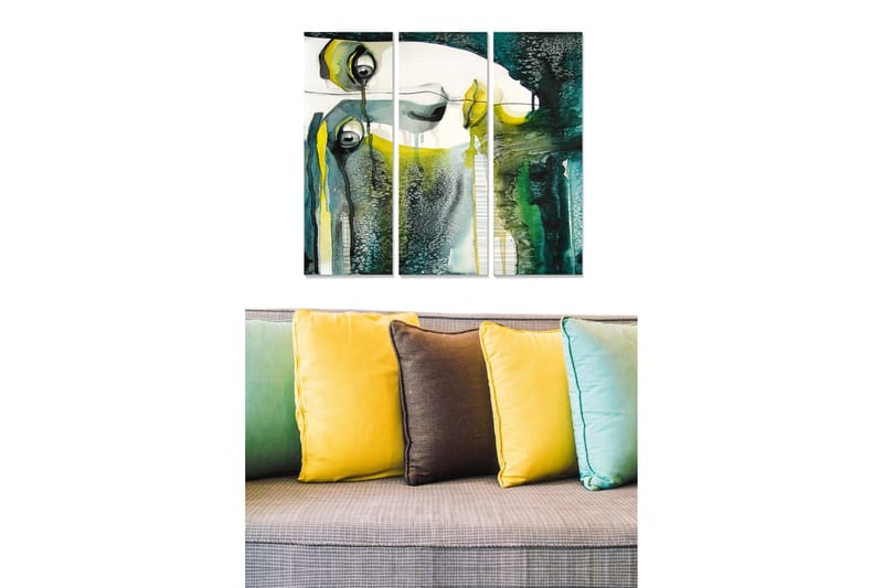 Canvastavla i trä 3-delar 50x70 cm - Abstrakt porträtt med ögon och flytande former, Mörkgrön / Gul / Vit