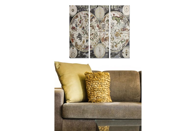 Canvastavla i trä 3-delar 50x70 cm - Astrologisk karta med djur och stjärntecken - Grå / Beige / Grön - Inredning & dekor - Tavlor & konst - Canvastavla