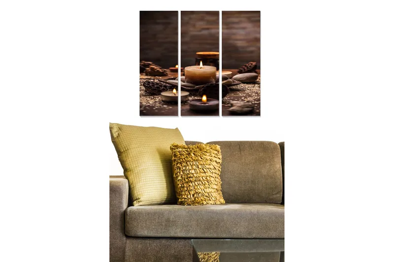 Canvastavla i trä 3-delar 50x70 cm - Avkopplande stilleben med ljus och naturmaterial, Mörkbrun / Beige / Grå