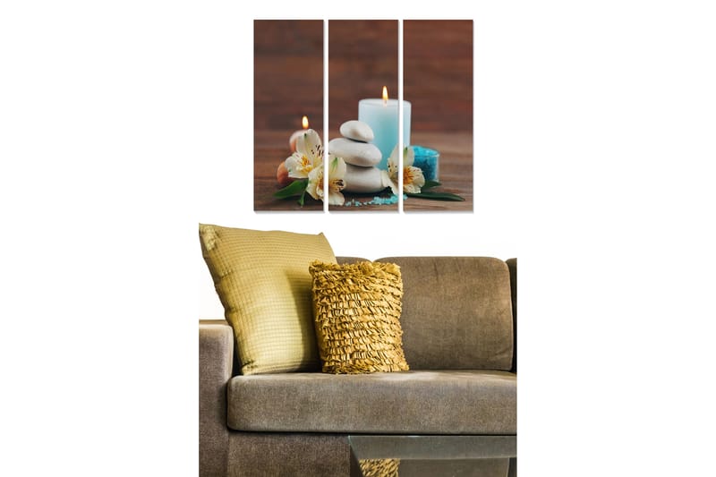 Canvastavla i trä 3-delar 50x70 cm - Avkopplande stillhet med ljus, stenar och blommor, Vit / Ljusblå / Grön