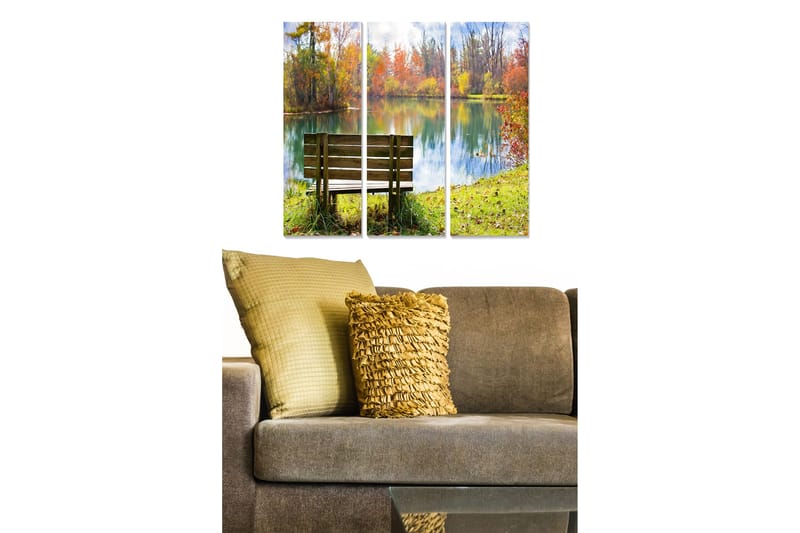 Canvastavla i trä 3-delar 50x70 cm - Bänk vid en spegelblanka sjö omgiven av höstfärger - Grön / Orange / Blå - Inredning & dekor - Tavlor & konst - Canvastavla