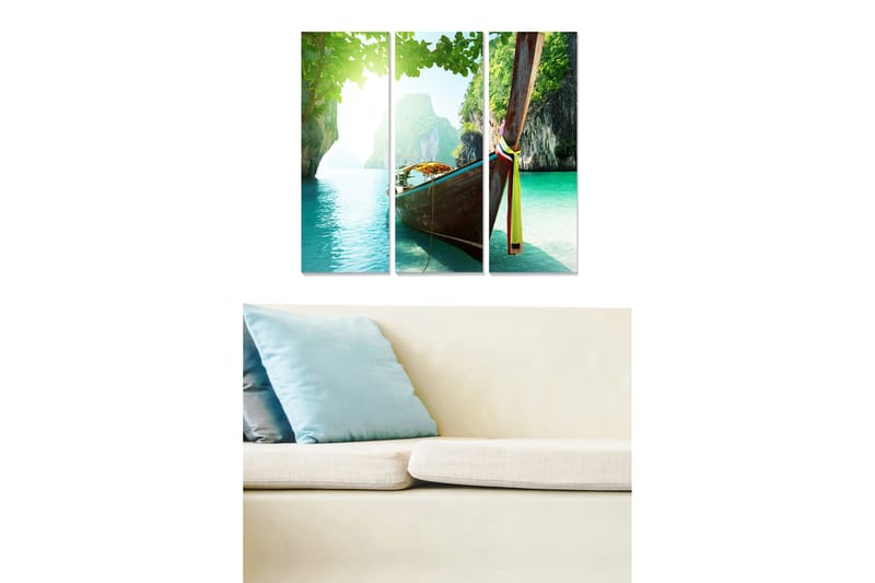 Canvastavla i trä 3-delar 50x70 cm - Båt vid en tropisk strand med klara, turkosa vatten - Turkos / Grön / Brun - Inredning & dekor - Tavlor & konst - Canvastavla