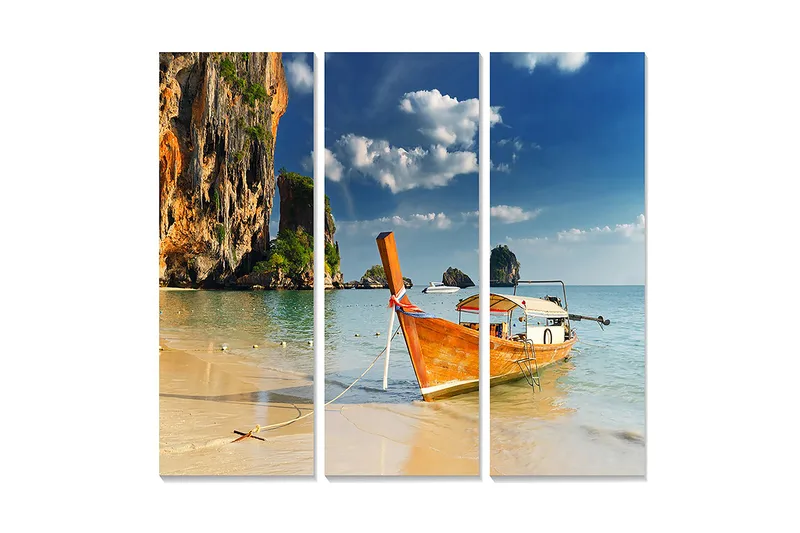 Canvastavla i trä 3-delar 50x70 cm - Båt vid en tropisk strand med klippor i bakgrunden, Orange / Blå / Grön