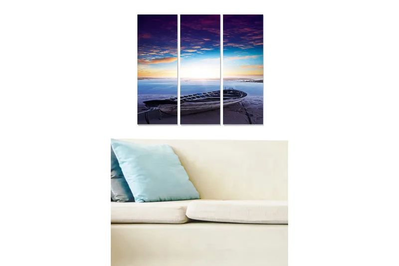 Canvastavla i trä 3-delar 50x70 cm - Båt vid strandkanten under en färgsprakande solnedgång, Lila / Blå / Orange