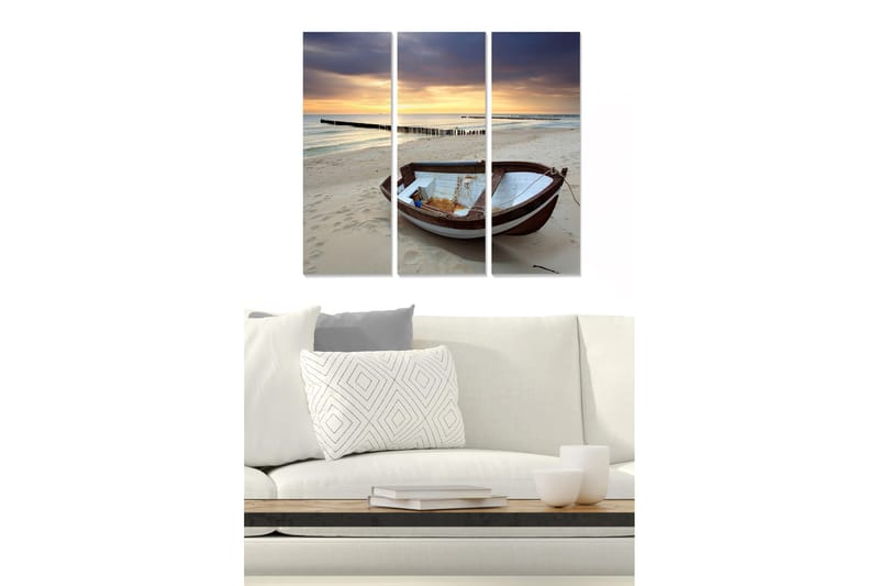 Canvastavla i trä 3-delar 50x70 cm - Båt på stranden vid solnedgången, Blå / Orange / Brun
