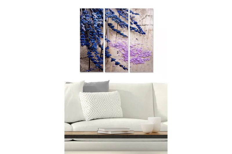 Canvastavla i trä 3-delar 50x70 cm - Blå och lila blommor mot en träbakgrund, Blå / Lila