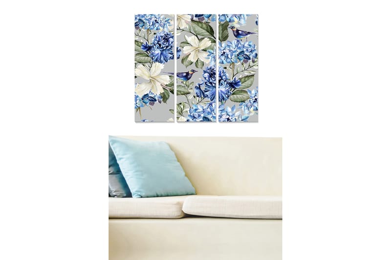 Canvastavla i trä 3-delar 50x70 cm - Blommig komposition med blå och vita blommor, Blå / Vit
