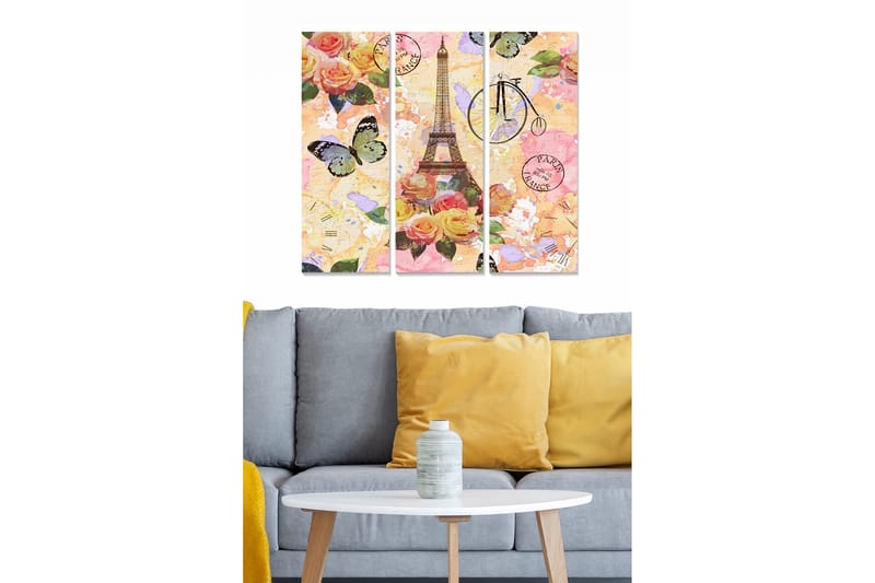 Canvastavla i trä 3-delar 50x70 cm - Blommig komposition med Eiffeltornet och fjärilar - Rosa / Grön / Gul - Inredning & dekor - Tavlor & konst - Canvastavla