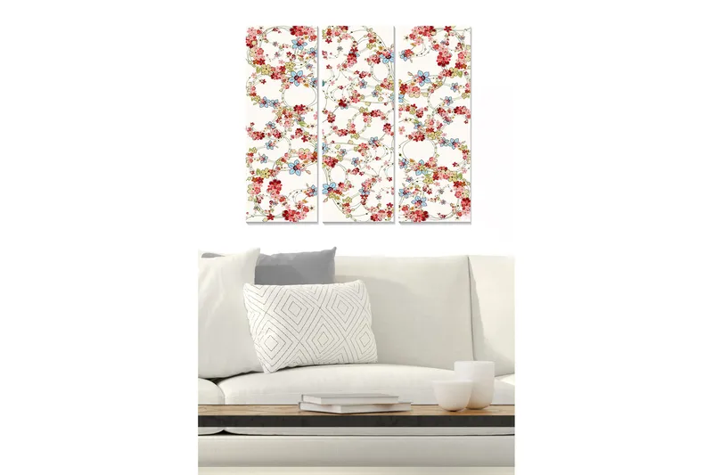 Canvastavla i trä 3-delar 50x70 cm - Blommig komposition med röda och blå detaljer, Röd / Blå / Grön